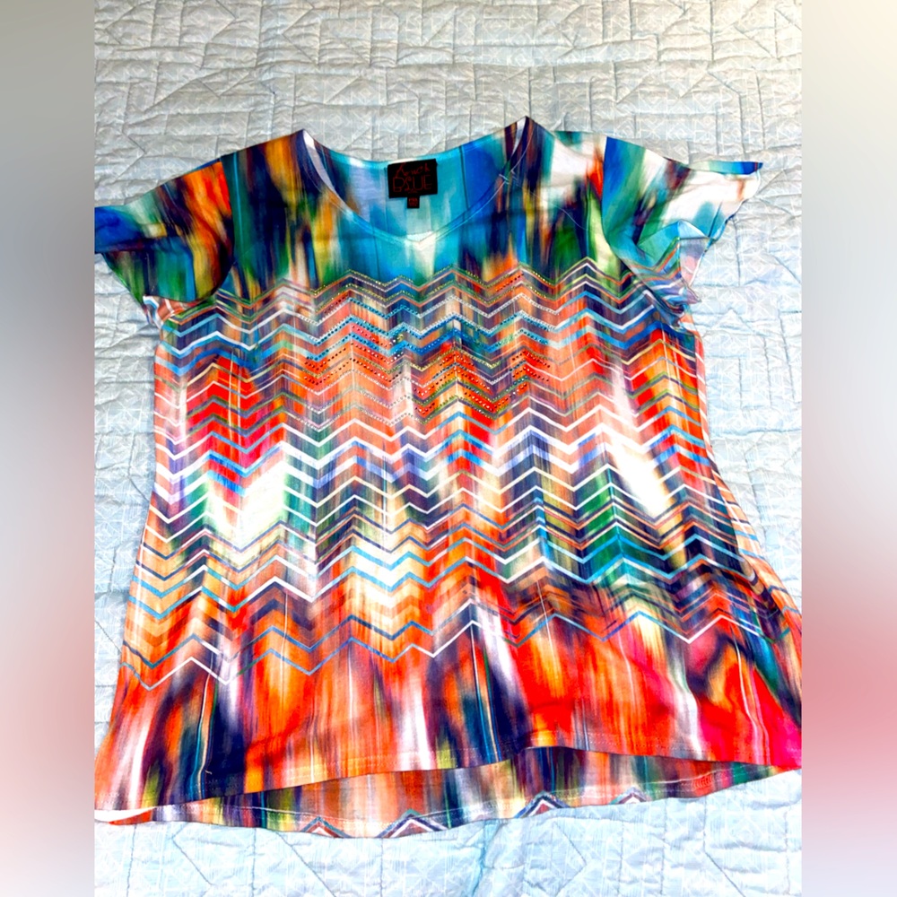 French Blue Abstract multicolor top with silver embellishments. Size PXL. NWOT